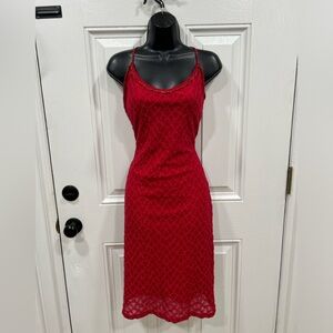 VTG Betsey Johnson New York Y2K  Red Gold Midi Slip Dress Sz M Mesh Y2K
